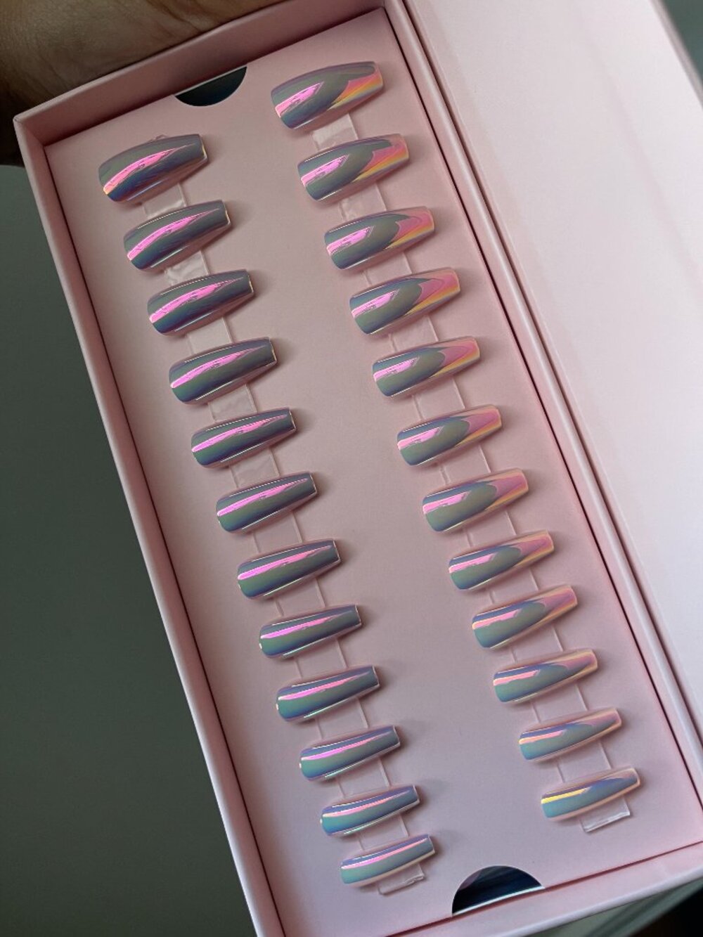 Iridescent Chrome Press On Nails | Long Coffin | Shimmer Pearl